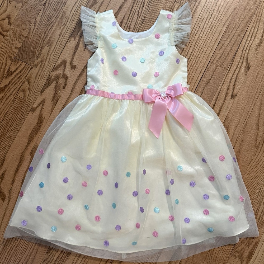 Jona Michelle Dress Girls Sz 6 Cream Polka Dot Tulle Bow Party Formal Easter *